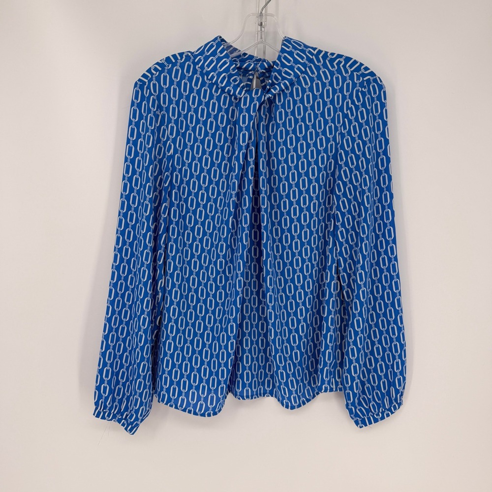 Ann Taylor Factory Blouse Medium Blue White Chain Link Tie Neck Career Versatile